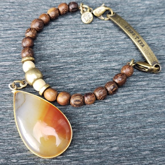 Lenny Eva Brown Wood Bead Bracelet w/ Agate Charm - Picture 1 of 4